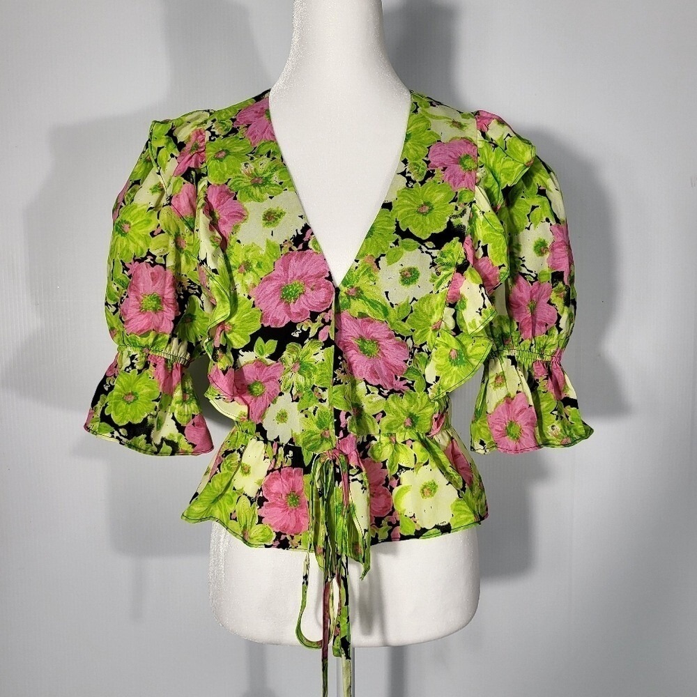WAYF Women's Floral Print Blouse Ruffle Sleeve Tie Waist Green Pink Top Size S